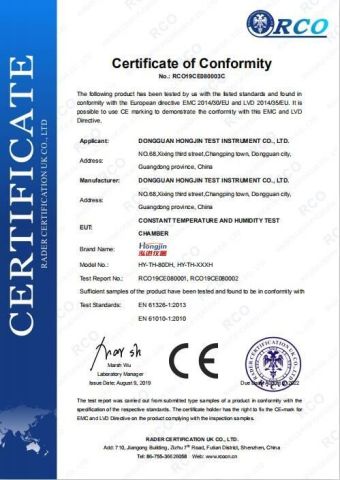 CE Temperature humidity chamber certificate of Dongguan Hongjin Test Instrument Co., Ltd. – certificate photo, supplier certificates section