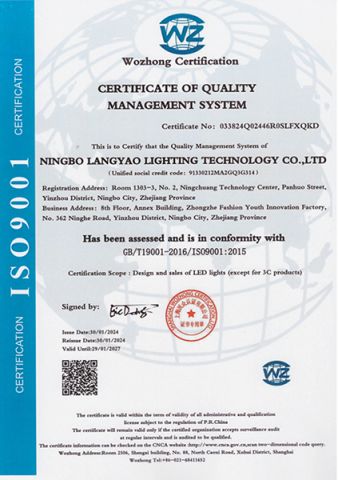 Certificate certificate of Ningbo Langyao Lighting Technology Co., Ltd – certificate photo, supplier certificates section