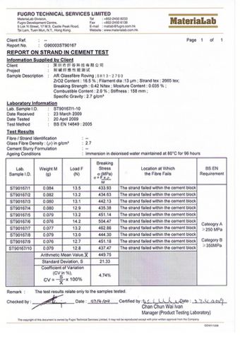 tenslie strength test report of AR glassfiber roving certificate from Shenzhen Xiangu High-Tech. Co., Ltd.