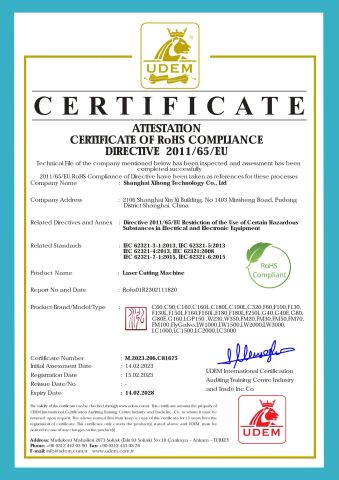 CE Certification of Laser Cutting Machine with RoHS Compliant certificate from Shanghai Xi Hong Technology Co., Ltd.