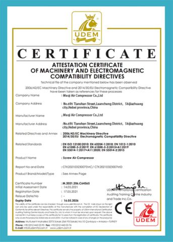 CE certification certificate from Muqi Air Compressor Co., Ltd.