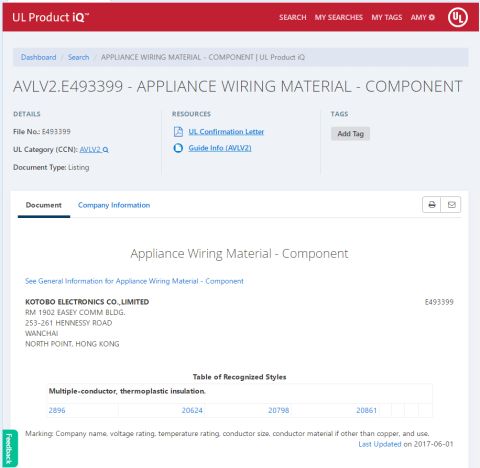 AVLV2.E493399-APPLIANCE WIRING MATERIAL -COMPONENT certificate from DONGGUAN KOTOBO INDUSTRY CO., LTD.
