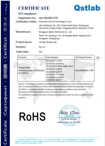 Red Light Therapy Cap RoHS certificate from Shenzhen Simcos Technology Co., Ltd.