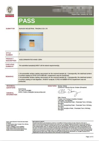 Test Report for Cork Stopper certificate of Xi'an Senmeng Cork Co., Ltd – certificate photo, supplier certificates section