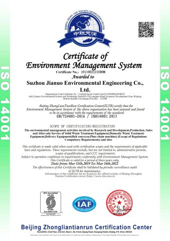 ISO14001:2015 certificate from Suzhou Jono Environmental Technology Co., Ltd.