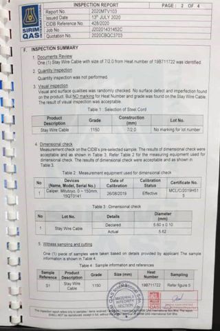 Test Report about our stay wire cable from Malaysia customer certificate from Nanjing Suntay Steel Co., Ltd.