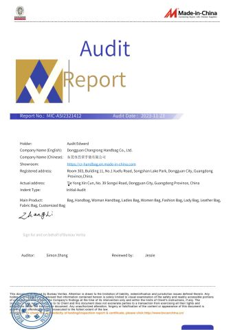 Certificates certificate from Dongguan Changrong Handbag Co., Ltd.