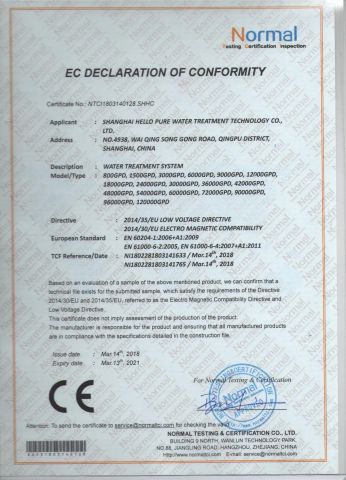 CE certificate certificate from Shanghai Hello Pure Water Treatment Technology Co., Ltd.