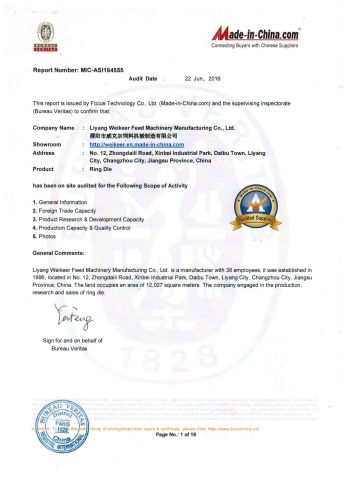 BV report certificate from Liyang Weikeer Feed Machinery Manufacturing Co., Ltd.