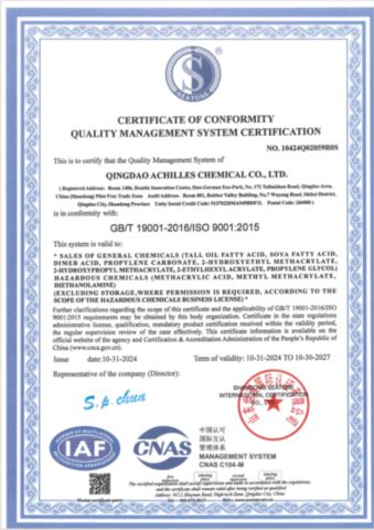 ISO 9001 certificate from Achilles Chemical Co., Ltd.