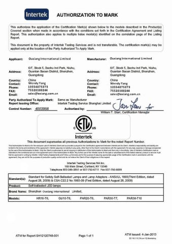 ETL for COB Lamps certificate from Shenzhen Ouxiang Electronics Co., Ltd.