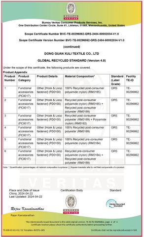 GRS certificate from Dongguan Xuli Textile Co., Ltd