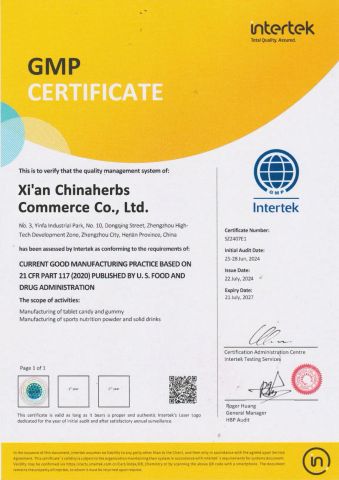 GMP Certificate certificate from Xi'an Chinaherbs Commerce Co., Ltd
