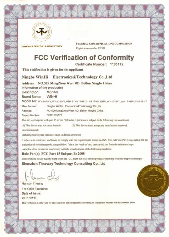 Winhi Monitor FCC certificate from Ningbo Beilun Bonsen Auto Electron Co., Ltd.