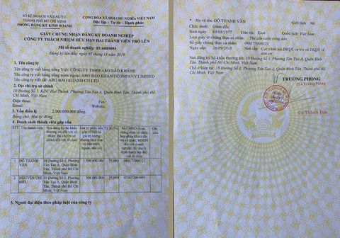 GPKD certificate from ARO BAO KHANH COMPANY LIMITED