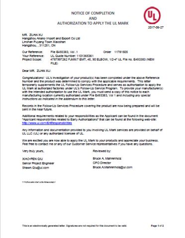 EMT CONDUIT AND EMT ELBOW certificate from HANGZHOU ANAKO IMPORT AND EXPORT CO., LTD.