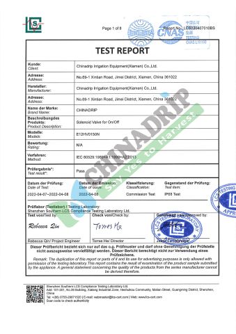 solenoid valve IP68 certificate of Chinadrip Irrigation Equipment (Xiamen) Co., Ltd. – certificate photo, supplier certificates section