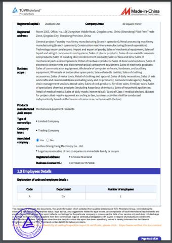 MIC certificate of Qingdao Sanzeo Machinery Manufacturing Co., Ltd – certificate photo, supplier certificates section