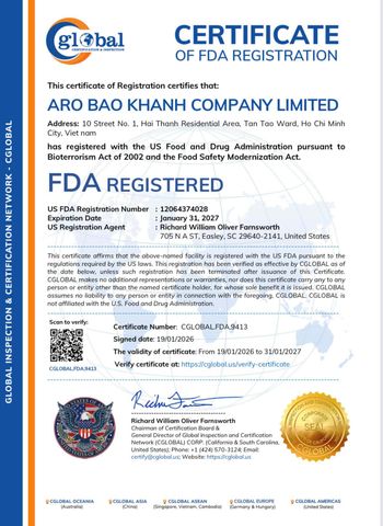 FDA certificate from ARO BAO KHANH COMPANY LIMITED