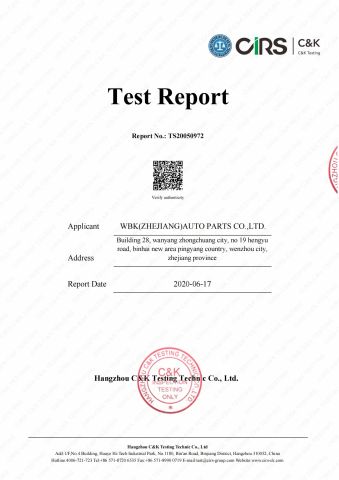 CIRS Test Report certificate from ZHEJIANG WBK TECHNOLOGY CO., LTD.