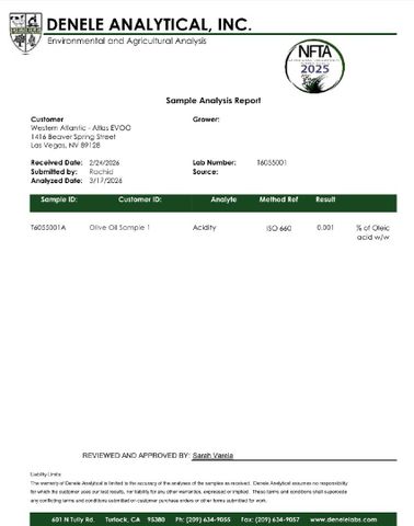 Lab test certificate from Atlas Evoo