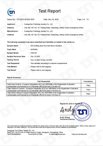 Product Inspection Report certificate from Guangzhou Peishang Jewelry Co., Ltd.