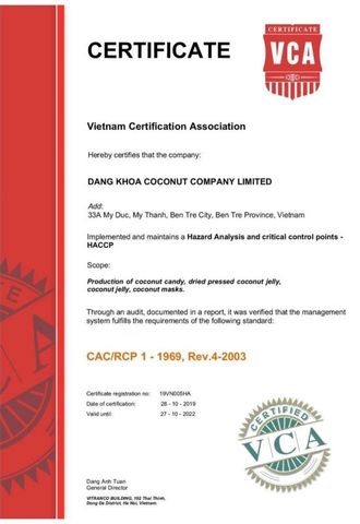 HACCP certificate from Dang Khoa Coconut Company Limited