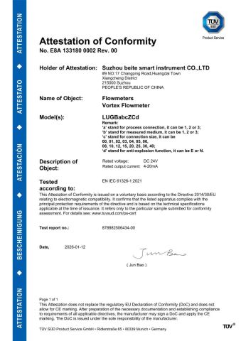 Vortex CE certificate from Suzhou Beite Smart Instrument Co., Ltd