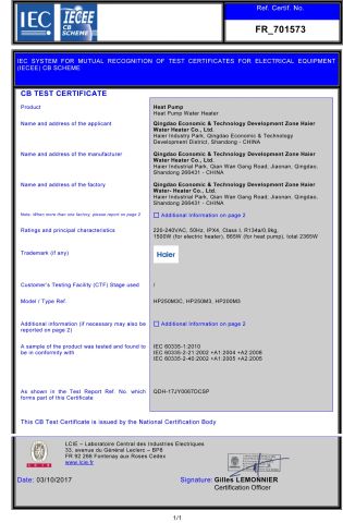 CB certificate from Qingdao Haier New Energy Appliance Co., Ltd.