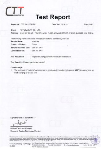 Silver content detection certificate from YLY JEWELLERY CO., LTD.