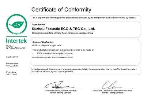 Intertek of polyestrer fiber certificate from Suzhou Fcoustic Eco & Tec Co., Ltd.