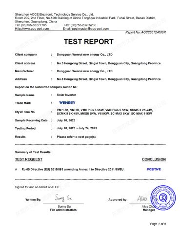RoHS Compliance Certificate for Solar Inverters certificate of Guangdong Wenrui New Energy Co., Ltd. – certificate photo, supplier certificates section