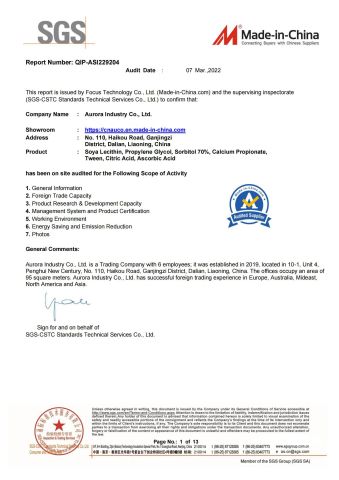 SGS Certificate certificate from AURORA INDUSTRY CO., LTD.