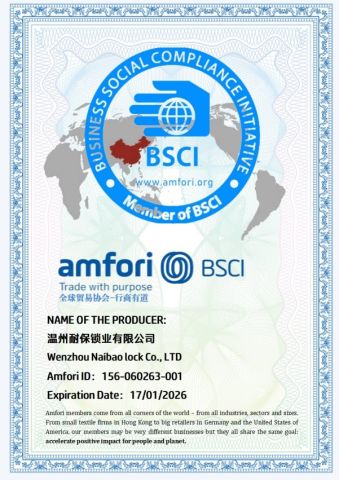 BSCI certificate from WENZHOU NAIBAO LOCK CO., LTD.