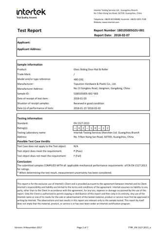 EN Certificate of Sliding Door Roller certificate from TOPUNION HARDWARE AND PLASTIC CO., LIMITED