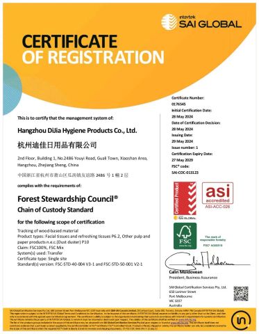 FSC certificate from Hangzhou Special Nonwovens Co., Ltd.