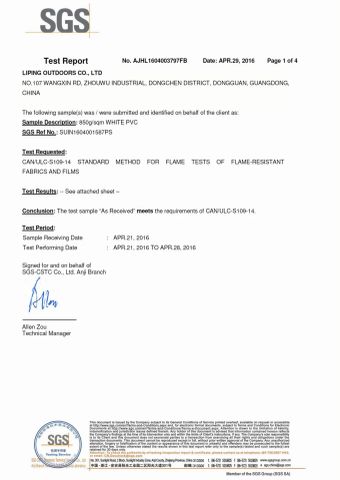 Newest Canada flame retardant report certificate from Liping Outdoors Manufactory Ltd.
