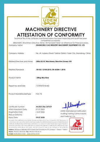 CE Lifting Machine certificate from Shandong Cad Industry Machinery Equipment Co., Ltd.