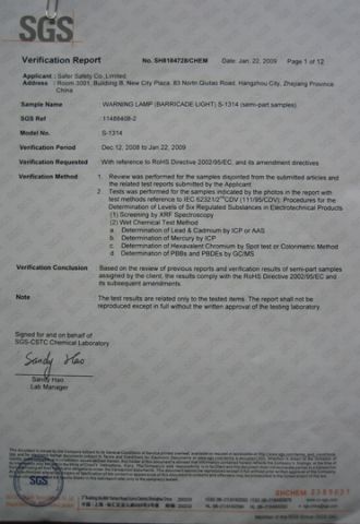 Brricade Light RoHS certiticate certificate from Hangzhou Safer Traffic Facilities Co., Ltd.