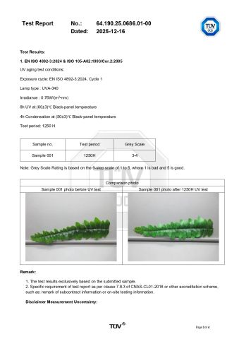 1250-hour UV Resistant certificate from Brilliant Art and Craft Limited Company
