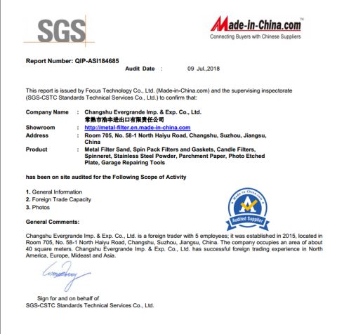 SGS Supplier Assessment Report certificate from Changshu Evergrande Imp. & Exp. Co., Ltd.