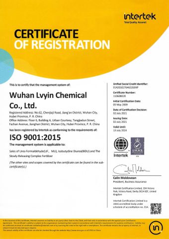 ISO 9001:2015 certificate of Wuhan Lvyin Chemical Co., Ltd. – certificate photo, supplier certificates section