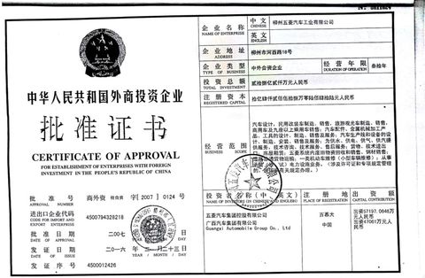License Photo certificate from Liuzhou Wuling Automobile Industry Co., Ltd.