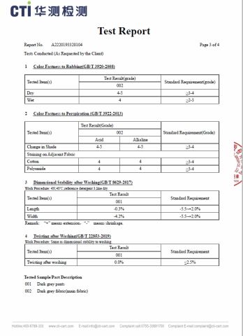 product test report certificate from Xiamen Sunwing Garments Co., Ltd.