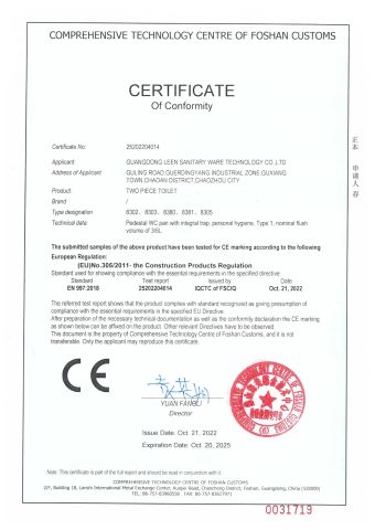 CE-TWO PIECE TOILET certificate from Guangdong Leen Sanitary Ware Technology Co., Ltd.