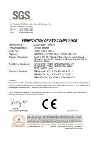 CE-Wireless Doorbell certificate from Guangdong Yiroka Technology Co., Ltd
