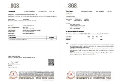 SGS Test Report-Thermal Paper certificate from Richer Paper (Shenzhen) Co.,Ltd.