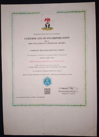 Certificate of Incorporation certificate from Zoey Global Imports & Exports Ltd