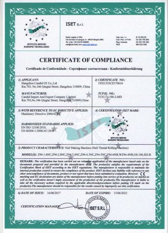 CE certificate from Hangzhou Candid I/E Corp. Ltd.