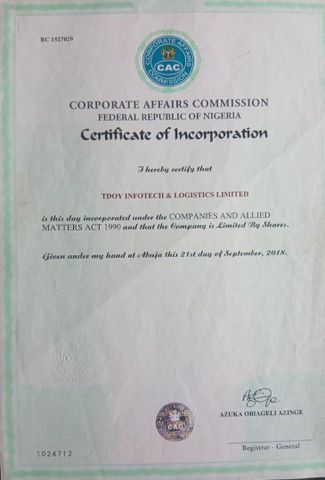 Cooperate Affairs Commission  certificate of Tdoy Farm Produce and Agro-Allied – certificate photo, supplier certificates section
